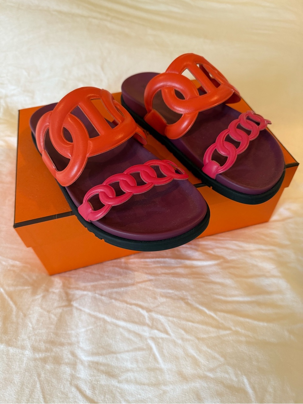 Hermes Orange and Pink Chain-Detail Slide Sandals